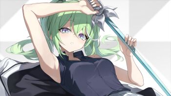 1girl :o absurdres armpits black_shirt breasts collarbone collared_shirt commentary_request crossed_bangs double-parted_bangs g_home grey_hair hair_between_eyes hair_spread_out hands_up highres holding holding_sword holding_weapon korean_commentary long_bangs long_hair looking_at_viewer lying medium_breasts multicolored_eyes multicolored_hair on_back parted_lips shirt sleeveless sleeveless_shirt solo stellive streaked_hair sword twintails upper_body virtual_youtuber weapon wing_collar yuzuha_riko