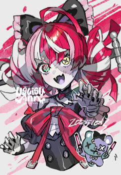 Rule 34 | 1girl, colored skin, commentary request, grey skin, hair between eyes, heterochromia, highres, hololive, hololive indonesia, holoro, kureiji ollie, long hair, looking at viewer, multicolored hair, object through head, open mouth, patchwork skin, red eyes, red hair, smile, solo, stitched arm, stitched face, stitched torso, stitches, sword in head, uguisu ann, virtual youtuber, yellow eyes, zombie