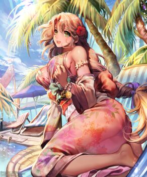 1girl :d arm_support artist_name bare_shoulders barefoot beach_chair beach_umbrella bead bead_bracelet beads blue_sky bracelet braid breasts brown_hair caesty chair cloud coin_(ornament) day detached_sleeves earclip earrings eyelashes female_focus floral_print flower folding_chair green_eyes hair_between_eyes hair_flower hair_ornament japanese_clothes jewelry kimono large_breasts light_particles long_hair looking_at_viewer obi open_mouth outdoors palm_tree pool pool_ladder poolside print_kimono red_flower sash sengoku_saga sideboob single_braid sitting sky smile solo sparkle striped tree tropical umbrella very_long_hair water watermark web_address wide_sleeves yokozuwari