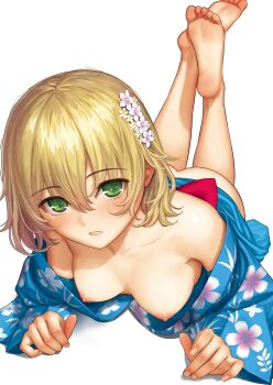 1girl absurdres ass blonde_hair blue_kimono comic_kairakuten floral_print floral_print_kimono green_eyes highres homunculus_(alchemynote) japanese_clothes kimono lying nipples non-web_source open_mouth print_kimono source_request third-party_edit third-party_extraction white_background