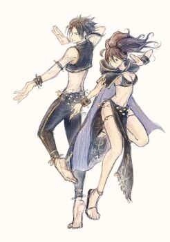 1boy 1girl barefoot black_cape black_hair black_pants bracelet breasts brown_hair cape closed_mouth commentary commentary_request cyrus_albright dancer dancing english_commentary full_body highres jewelry long_hair medium_breasts mixed-language_commentary navel octopath_traveler octopath_traveler_i official_alternate_costume pants pelvic_curtain ponytail primrose_azelhart purple_cape qqqqqli short_hair simple_background smile standing standing_on_one_leg two-sided_cape two-sided_fabric two-tone_cape white_background