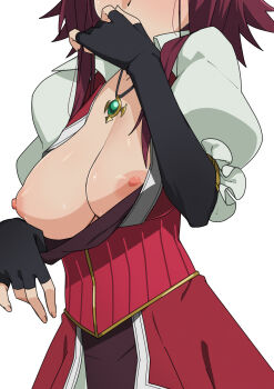 1girl black_gloves breasts commentary_request dress elbow_gloves eyes_out_of_frame facing_viewer fingerless_gloves gloves head_out_of_frame highres izayoi_aki jewelry large_breasts long_hair morisobo necklace nipples puffy_short_sleeves puffy_sleeves red_dress red_hair short_hair_with_long_locks short_sleeves simple_background solo spiked_hair standing white_background yu-gi-oh! yu-gi-oh!_5d&#039;s
