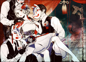 1girl 3boys bellflower black_eyes black_gloves black_hair black_necktie black_pants black_vest boutonniere braid braided_bun buttoned_cuffs buttons camellia chinese_bellflower collarbone colored_skin covered_face curtains double_bun dress expressionless feet_out_of_frame floral_print flower flower_knot folding_screen fox_mask geta gloves hair_bun hair_flower hair_ornament hair_ribbon half_gloves hanaze hand_on_own_chest hands_on_another&#039;s_shoulders heterochromia holding_another&#039;s_leg holding_hands indoors jacket jacket_on_shoulders japanese_clothes limited_palette lipstick long_hair looking_at_viewer makeup male_harem mask medium_dress multiple_boys nail_polish necktie on_one_knee original pants parted_lips purple_flower purple_nails red_eyes red_flower red_jacket red_lips ribbon sash shirt short_hair sitting standing strapless strapless_dress swept_bangs tassel unworn_mask vest waist_sash white_dress white_flower white_hair white_shirt white_skin