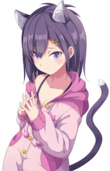 1girl alternate_costume animal_ears bra breasts cat_ears cat_girl cat_tail gabriel_dropout hair_ornament highres looking_at_viewer medium_breasts official_alternate_costume pajamas purple_eyes purple_hair short_hair simple_background solo standing tail ukami underwear vignette_tsukinose_april white_background