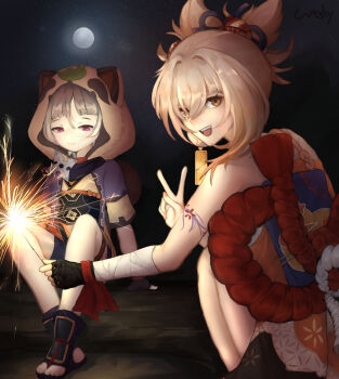 2girls absurdres animal_ears animal_hood arm_tattoo bandages black_gloves blonde_hair blunt_bangs butterfly_choker fake_animal_ears fingerless_gloves fireworks fish_tattoo flower_tattoo genshin_impact gloves grey_hair hadanugi_dousa hair_between_eyes highres holding holding_fireworks hood japanese_clothes kimono leaf leaf_on_head lightning long_hair looking_at_viewer multiple_girls open_kimono open_mouth orange_kimono ponytail purple_eyes raccoon_ears raccoon_tail sarashi sayu_(genshin_impact) short_hair smile sparkler tail tattoo yellow_eyes yoimiya_(genshin_impact)