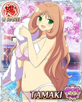 1girl arms_up bikini blush border breasts brown_hair card_(medium) character_name cherry_blossoms cleavage day drying drying_hair drying_own_hair english_text game_cg green_eyes holding holding_towel large_breasts long_hair looking_at_viewer looking_to_the_side navel official_alternate_costume official_alternate_hairstyle official_art open_mouth pink_bikini polka_dot polka_dot_bikini poolside senran_kagura senran_kagura_new_wave skindentation smile solo swimsuit tamaki_(senran_kagura) towel wavy_hair