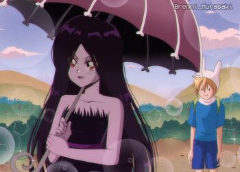 1990s_(style) 1boy 1girl adventure_time black_hair blonde_hair blue_shirt brenni_murasaki colored_skin fang finn_the_human grey_skin hat hood long_hair marceline_abadeer pointy_ears retro_artstyle shirt short_hair smile vampire