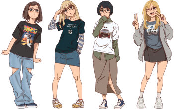4girls :d aonori_misuji back_to_the_future black_skirt blonde_hair blue_skirt brown_hair glasses grey_jacket grey_shirt grey_skirt hair_ornament hairclip hand_in_pocket highres jacket long_hair multiple_girls open_mouth original pants print_shirt raglan_sleeves shirt shoes short_hair skirt smile sneakers socks standing t-shirt torn_clothes torn_pants v white_background white_socks