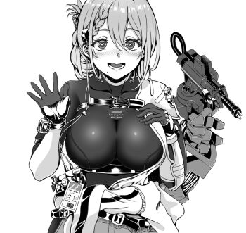 1girl black_shirt blush braid breasts de_lacey_(neural_cloud) girls&#039;_frontline girls&#039;_frontline_neural_cloud gloves greyscale id_card jacket large_breasts mechanical_tail mole mole_under_mouth monochrome open_mouth ouga_(user_ctzw2237) shirt skin_tight solo symbol-shaped_pupils tail