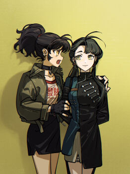 2girls absurdres an-an_lee antenna_hair arms_behind_back black_choker black_dress black_gloves black_hair black_skirt choker closed_mouth commentary_request dress earrings facing_viewer fingerless_gloves gloves green_jacket hand_on_another's_shoulder highres hoop_earrings jacket jewelry kani_(kaniya) liang_yue_(reverse:1999) long_hair looking_at_another looking_to_the_side low_twintails miniskirt multiple_girls open_mouth pencil_skirt police police_uniform policewoman ponytail profile reverse:1999 shadow shirt short_dress skirt smile twintails white_shirt yellow_background yellow_eyes yin_yang