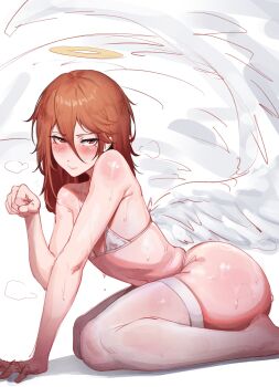 1boy absurdres angel_devil_(chainsaw_man) angel_wings ass blush bra chainsaw_man closed_mouth feathered_wings from_side halo hand_on_ground highres huge_ass jotmanlol kneeling looking_at_viewer looking_to_the_side male_focus medium_hair panties paw_pose red_eyes red_hair shiny_skin simple_background smile solo thighhighs traditional_halo trap underwear wet white_background white_bra white_panties white_thighhighs white_wings wings