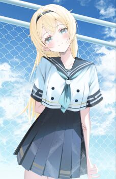 1girl arm_behind_back blue_neckerchief blue_sailor_collar blue_skirt blue_sky chain-link_fence closed_mouth commentary_request crossed_bangs day double-parted_bangs fence hair_between_eyes hair_flaps head_tilt high-waist_skirt highres holding_own_arm hololive kazama_iroha kazama_iroha_(school_uniform) long_hair looking_at_viewer neckerchief official_alternate_costume outdoors pleated_skirt ryuya sailor_collar school_uniform shirt skirt sky solo virtual_youtuber white_shirt