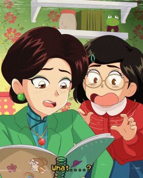 1990s_(style) 2girls animification black_hair blue_eyes brenni_murasaki brown_eyes clip_studio_paint_(medium) commentary disney embarrassed faux_retro_artstyle glasses highres jewelry mature_female meilin_lee ming_lee mother_and_daughter multiple_girls necklace notebook open_mouth pixar retro_artstyle scene_reference shirt smile subtitled teeth turning_red upper_teeth_only