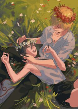 Rule 34 | 1boy, 1girl, bare arms, bare shoulders, black choker, black hair, black pants, black ribbon, black shorts, blonde hair, breasts, chainsaw man, choker, collared shirt, commentary, couple, denji (chainsaw man), english commentary, flower, grass, grenade pin, hair between eyes, hair over one eye, hand in another's hair, head wreath, hetero, highres, lap pillow, looking at another, meadow, medium breasts, medium hair, neck ribbon, open mouth, outdoors, pants, parted lips, red flower, reze (chainsaw man), ribbon, sharp teeth, shirt, shoes, short hair, shorts, sideboob, sleeveless, sleeveless shirt, sleeves rolled up, smile, sneakers, syiss, teeth, white flower, white shirt, white shoes