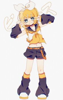 1girl :3 bare_shoulders belt belt_buckle black_choker black_leg_warmers blonde_hair blue_eyes bow buckle choker commentary crop_top detached_sleeves double_v frilled_shirt frills hair_bow hair_ornament hairclip headphones headset highres kagamine_rin leg_warmers looking_at_viewer mattari_haruto midriff navel neckerchief orange_belt sailor_collar shirt short_hair shorts sleeveless sleeveless_shirt smile solo symbol-only_commentary v v_over_eye vocaloid white_bow wide_sleeves yellow_neckerchief