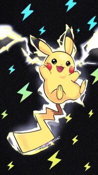 Rule 34 | animal focus, black background, commentary request, electricity, gen 1 pokemon, highres, nintendo, no humans, open mouth, pikachu, pokemon, pokemon (creature), pokemon focus, saki pokeoekaki, smile, solo, twitter username