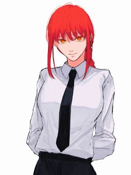 1girl black_necktie black_pants braid braided_ponytail chainsaw_man closed_mouth collared_shirt commentary_request cowboy_shot highres makima_(chainsaw_man) nabe92213 necktie orange_eyes pants red_hair ringed_eyes shirt shirt_tucked_in sidelocks simple_background solo white_background white_shirt