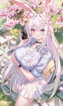 1girl absurdres animal_ears arm_under_breasts bag bench black_choker blue_shirt blush breasts button_gap cellphone cherry_blossoms choker cleavage collared_shirt cross cross_earrings double-parted_bangs earrings extra_ears hair_intakes handbag heart heart_necklace highres holding holding_phone jewelry large_breasts light_blush long_hair looking_at_viewer makeup mole mole_under_eye mrr_05 necklace original outdoors partially_unbuttoned phone pink_hair pink_lips pink_nails pleated_skirt pointy_ears rabbit_ears red_eyes second-party_source shirt sidelocks skirt sleeves_rolled_up smartphone smartphone_case smile solo stone_walkway teeth very_long_hair watch white_skirt wristwatch