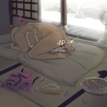1boy 1girl age_difference backpack bag bald blue_hair cellphone censored censored_by_text cum cum_in_pussy cum_overflow day ejaculation electric_fan fat fat_man futon green_hair heart hetero hug indoors loli mating_press nude older_male_and_younger_female original phone porch sex shouji sliding_doors smartphone sweat tatami testicles tissue tissue_box unworn_backpack unworn_bag used_tissue yamada_(gotyui)