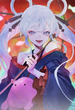 1girl :d bare_shoulders blue_eyes blue_kimono chou_kaguya-hime! commentary_request eyeshadow fish hair_ornament hair_rings hair_stick hand_up harutask highres holding holding_umbrella japanese_clothes kimono long_hair long_sleeves looking_at_viewer makeup octopus off_shoulder oil-paper_umbrella open_mouth pink_lips red_eyeshadow red_umbrella runami_yachiyo smile solo twintails umbrella upper_body white_hair