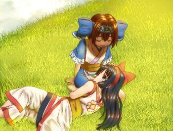 Rule 34 | 2girls, ainu clothes, black hair, blue eyes, breasts, brown eyes, brown hair, closed eyes, hair ribbon, hand on another's head, lap pillow, legs, looking at viewer, lying, multiple girls, nakoruru, on side, open mouth, pants, ribbon, rimururu, samurai spirits, short hair, siblings, sisters, small breasts, smile, snk, thighs