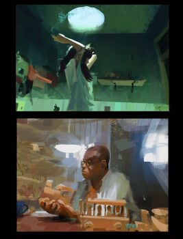 1boy 1girl arm_tattoo arms_up bathroom black_background black_hair ceiling_light dark-skinned_male dark_skin glasses highres holding indoors original painterly samuel_smith serious shelf shirt smoke smoke_trail split_screen table tattoo towel toy_train white_shirt