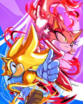 1boy 1girl 2kartz absurdres blaze_the_cat burning burning_blaze commentary english_commentary furry furry_female furry_male gloves highres jacket pink_fur red_eyes red_jacket signature smirk sonic_(series) sonic_rush sonic_the_hedgehog super_sonic two-tone_background white_gloves yellow_eyes yellow_fur