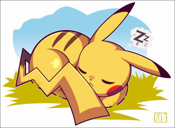 Rule 34 | :<, border, closed mouth, full body, gen 1 pokemon, nintendo, no humans, pikachu, pokemon, pokemon (creature), signature, sleeping, solo, speech bubble, spoken zzz, thought bubble, white border, woofzilla, zzz