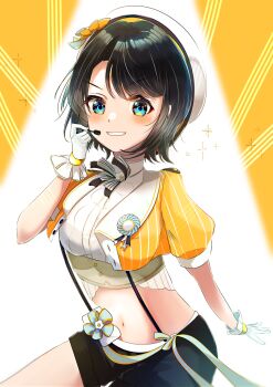 1girl absurdres award_ribbon beret black_bow black_bowtie black_hair black_shorts blue_eyes blush bow bowtie breasts brooch center_frills corset cowboy_shot cropped_jacket emutakanoe floral_print flower flower_brooch frilled_gloves frilled_shirt frills gloves green_sash grey_corset hair_flower hair_ornament hand_up hat headset highres holding hololive jacket jewelry large_breasts midriff navel official_alternate_costume oozora_subaru oozora_subaru_(starlight) orange_jacket parted_lips pinstripe_jacket pinstripe_pattern sash shirt short-sleeved_jacket short_hair short_sleeves shorts smile solo sparkle spotlight striped_bow striped_bowtie striped_clothes sunflower sunflower_hair_ornament suspender_shorts suspenders swept_bangs underbust virtual_youtuber waist_bow white_bow white_bowtie white_gloves white_hat white_shirt yellow_background