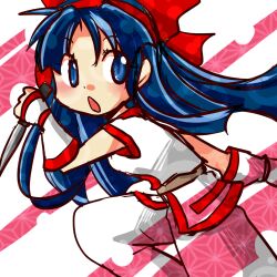 Rule 34 | 1girl, ainu clothes, arm up, blue eyes, blue hair, breasts, fingerless gloves, gloves, hair ribbon, highres, leg lift, leg up, legs, long hair, looking at viewer, medium breasts, nakoruru, open mouth, pants, pink lips, ribbon, samurai spirits, sideboob, snk, solo, the king of fighters, thighs, weapon