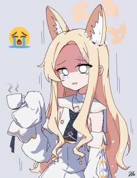 Rule 34 | 1girl, animal ear fluff, animal ears, blank eyes, blonde hair, blue archive, cape, cup, detached sleeves, dress, forehead, fox ears, fox girl, highres, holding, holding cup, kiroshi, long hair, open mouth, seia (blue archive), sidelocks, sleeves past wrists, sobbing, tears, uohhhhhhhhh! (meme), very long sleeves, white cape, white dress