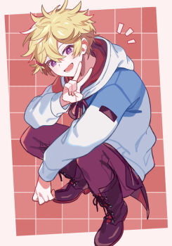 Rule 34 | 1boy, blonde hair, blue hoodie, boots, border, brown boots, commentary request, grid background, hood, hoodie, kanyoko (yuzukano 17), long sleeves, looking at viewer, male focus, notice lines, open mouth, original, pants, pink pants, purple eyes, red background, short hair, sidelocks, simple background, smile, solo, squatting, v, white border