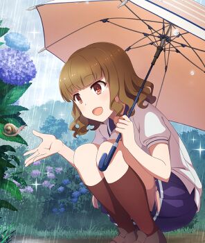 1girl :d blue_flower blue_skirt blunt_bangs brown_hair brown_shoes brown_socks bush cloud cloudy_sky day flower game_cg holding holding_umbrella hydrangea naeba_wakako official_art open_mouth outdoors outstretched_hand pink_umbrella purple_flower rain red_eyes red_pupils renpu_girls_school_uniform school_uniform shirt shoes short_hair short_sleeves skirt sky smile snail socks solo sparkle squatting summer_uniform third-party_source toji_no_miko toji_no_miko:_kizamishi_issen_no_tomoshibi umbrella under_umbrella wavy_hair white_shirt