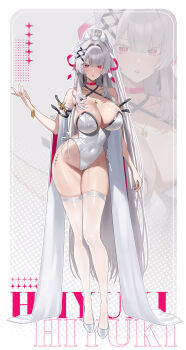 Rule 34 | 1girl, absurdres, alternate costume, bare shoulders, blush, breasts, character name, cleavage, commentary request, covered navel, hair intakes, hair ribbon, hand up, highleg, highleg leotard, highres, hiyuki (wuthering waves), hovaku, jewelry, large breasts, leotard, light blush, long hair, looking at viewer, mole, mole under eye, necklace, parted lips, pink ribbon, ponytail, red eyes, ribbon, shoes, tacet mark (wuthering waves), thigh gap, thighhighs, thighs, very long hair, white hair, white leotard, white shoes, white thighhighs, wuthering waves, zoom layer