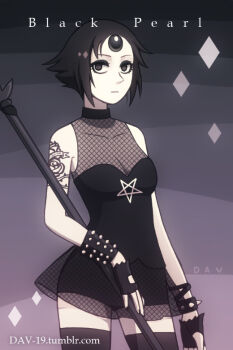 1girl alternate_costume black_pearl breasts dav-19 forehead_jewel gem gem_(steven_universe) goth_fashion holding pale_skin pearl_(species)_(steven_universe) pearl_(steven_universe) short_hair solo star_(symbol) steven_universe weapon