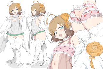 1girl absurdres ass ass_cutout bernice_flay bloomers blue_eyes braid brown_hair butt_crack camisole cleavage_cutout clothing_cutout colored_inner_hair feathers hair_ornament harpy heart heart_print highres lingerie miniskirt monster_girl multicolored_hair nightgown panties peace_symbol petite reference_sheet skirt smile solo sweater sylvies_bar tail talons underwear virgin_killer_sweater wings