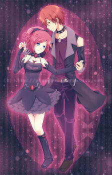 1boy 1girl arm_up belt black_background black_boots black_dress black_gloves black_jacket black_nails black_ribbon black_shoes blue_eyes blurry bokeh boots breasts brown_shoes bug butterfly butterfly_necklace butterfly_tattoo choker collar collarbone commentary curly_hair dancing depth_of_field deviantart_username dress elbow_gloves english_commentary fingerless_gloves frilled_choker frilled_skirt frills gem gloves grey_belt grey_skirt hair_ribbon hand_up highres holding_hands insect jacket jewelry layered_dress making-of_available medium_breasts necklace off_shoulder original painttool_sai_(medium) pants parted_lips pink_hair pluvias ponytail profile purple_background purple_shirt red_background red_butterfly red_gem red_hair ribbon shirt shoes short_hair shoulder_tattoo skeleton skirt spaghetti_strap spiked_collar spikes standing tattoo yellow_eyes