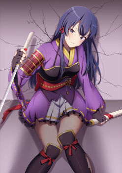 1girl against_wall arm_at_side armor black_boots black_gloves blue_hair blunt_bangs blush boots breastplate clenched_teeth commission crack cracked_wall dirty dirty_clothes dirty_face feet_out_of_frame flower_knot glint gloves hair_ribbon hand_up highres holding holding_sheath holding_sword holding_weapon indoors japanese_armor japanese_clothes kimono kimono_skirt knee_boots knees_together_feet_apart long_hair long_sleeves looking_at_viewer motsutoko obi on_floor parted_lips purple_eyes purple_kimono red_ribbon ribbon ribbon-trimmed_kimono ribbon-trimmed_sleeves ribbon_trim sash scabbard shadow sheath short_kimono shoujo_kageki_revue_starlight shoujo_kageki_revue_starlight_-re_live- shoulder_armor sidelocks sitting skeb_commission sode solo sweatdrop sword tassel teeth tomoe_tamao torn_boots torn_clothes torn_gloves torn_kimono torn_sleeves unsheathed v-shaped_eyebrows weapon wide_sleeves