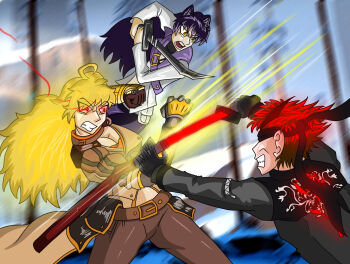 1boy 2girls absurdres adam_taurus ahoge angry animal_ears battle belt black_gloves black_hair blake_belladonna blonde_hair breasts brown_jacket brown_pants buckle cat_ears cheezydaclown clash cleavage cleaver coattails combination_weapon eyes_visible_through_hair fingerless_gloves gambol_shroud gloves glowing glowing_eyes gun handgun highres holding holding_sword holding_weapon horns jacket kama_(weapon) katana kusarigama large_breasts long_hair long_sleeves mask mechanical_arms midriff multiple_girls orange_scarf pants pantyhose pistol pistol_sword prosthesis prosthetic_arm prosthetic_hand red_eyes red_hair rwby scarf shirt sickle single_mechanical_arm spoilers strapless sword thighhighs tube_top vest waist_cape wavy_hair weapon yang_xiao_long yellow_eyes