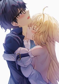 Rule 34 | 1boy, 1girl, ahoge, archetype earth, arcueid brunestud, bare shoulders, black eyes, black hair, blonde hair, blush, breasts, closed eyes, commentary request, couple, detached sleeves, dress, gold trim, hair intakes, highres, hug, kiss, kissing neck, large breasts, long hair, looking up, school uniform, shirt, short hair, sideboob, souya high school uniform, tohno shiki, toomishou, tsukihime, tsukihime (remake), white dress, white shirt