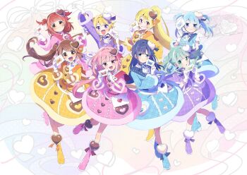 6+girls :3 :o akino_kaede arm_up bag blonde_hair blue_boots blue_dress blue_eyes blue_hair blue_ribbon blue_sailor_collar blunt_bangs boots braid brooch brown_hair buttons center_frills colorful_background commentary_request dot_nose dress envelope eyelashes finger_gun floating_hair footwear_ribbon frills full_body fur-trimmed_dress fur-trimmed_sleeves fur_trim futaba_sana gloves green_eyes green_hair grin hair_intakes hair_ornament hair_ribbon hand_on_own_hip hand_on_own_wrist happy heart heart-shaped_sleeves heart_background heart_brooch heart_button heart_hair_ornament high_ponytail highres holding holding_envelope jewelry leaning_forward letter light_blush long_hair long_sleeves love_letter low_twintails magia_record:_mahou_shoujo_madoka_magica_gaiden mahou_shoujo_madoka_magica medium_dress medium_hair minami_rena mitsuki_felicia multiple_girls nanami_yachiyo neck_ribbon open_mouth orange_eyes orange_ribbon orange_sailor_collar parted_bangs pink_boots pink_dress pink_eyes pink_hair plaid_clothes plaid_footwear pocket ponytail purple_boots purple_dress purple_eyes purple_sailor_collar red_hair red_ribbon red_sailor_collar ribbon ribbon_trim sailor_collar serizawa_serizane shirt shoulder_bag side_braids side_ponytail smile swept_bangs tamaki_iroha tareme togame_momoko twin_braids twintails twitter_username two_side_up unmoving_pattern very_long_hair watermark wavy_hair white_bag white_gloves white_shirt yellow_boots yellow_dress yui_tsuruno