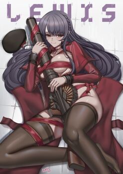 1girl absurdres beret blush braid brown_eyes caiman_pool character_name collarbone commentary english_commentary girls'_frontline girls'_frontline_2:_exilium grey_hair gun hat highres lewis_(girls'_frontline) lewis_(girls'_frontline_2) lewis_gun light_machine_gun long_hair lying machine_gun naked_ribbon no_shoes on_back ribbon ribbon_around_body side_braid sidelocks skindentation smile solo thighhighs thighs toes unworn_hat unworn_headwear very_long_hair weapon