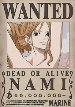 1girl arms_behind_head highres nami_(one_piece) nude nude_filter one_piece poster third-party_edit topless_female wanted_poster