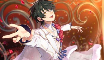 11942tm 1boy beads black_hair blue_eyes earrings ensemble_stars! flower headset highres jewelry kagehira_mika long_sleeves male_focus official_alternate_costume open_mouth outstretched_hand petals pink_petals red_flower red_rose rewinds_(ensemble_stars!) ring rose short_hair solo teeth upper_body yellow_eyes