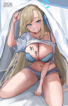 1girl 2026 absurdres asuna_(blue_archive) blonde_hair blue_archive blue_bra blue_eyes blue_halo blue_ribbon body_writing bra breasts cleavage collarbone commentary_request hair_ribbon halo highres large_breasts long_hair looking_at_viewer mole mole_on_breast ogura_toast ribbon sitting smile solo sweat sweatdrop thighs translation_request under_covers underwear very_long_hair