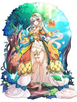 Rule 34 | 1girl, aqua eyes, blonde hair, boobplate, breastplate, breasts, brooch, cleavage, coat, colored tips, commentary request, commission, dress, gem, gold choker, gradient hair, green gem, hanamaru8707, indie virtual youtuber, jewelry, leaf, long hair, looking at viewer, medium breasts, multicolored coat, multicolored hair, open clothes, open coat, orange coat, orange gem, pointy ears, second-party source, smile, solo, tiara, tree, urushimori hasu (vtuber), virtual youtuber, white dress, white hair