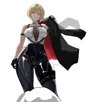 1girl absurdres arm_strap bare_shoulders belt black_coat black_pants blonde_hair blush bug chest_harness coat earrings elbow_gloves evelyn_chevalier from_above gloves hair_between_eyes half_gloves harness high-waist_pants highres holding holding_coat holding_unworn_clothes insect jewelry latex_pants looking_at_viewer moth pants purple_eyes see-through_clothes shirt single_elbow_glove single_half_glove smurtz solo standing thigh_belt thigh_strap tight_clothes tight_pants unworn_coat white_background white_shirt zenless_zone_zero