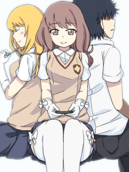 1boy 2girls a_certain_high_school_uniform aged_down black_hair black_pants blonde_hair breasts brown_eyes brown_hair brown_sweater brown_sweater_vest brown_vest closed_eyes closed_mouth collared_shirt commentary dot_nose elbow_gloves emblem feet_out_of_frame from_side gloves grey_skirt hand_up holding holding_whistle invisible_chair kamijou_touma light_blush light_smile long_hair looking_at_viewer medium_breasts miniskirt mitsuari_ayu multiple_girls pants pleated_skirt pocket school_emblem school_uniform shirt shokuhou_misaki shorts sidelocks simple_background sitting skirt sleeveless sleeveless_sweater smile spiked_hair summer_uniform sweater sweater_vest toaru_majutsu_no_index toaru_majutsu_no_index:_new_testament tokiwadai_school_uniform v-neck vest wavy_hair whistle whistle_around_neck white_background white_gloves white_shirt yakutashi