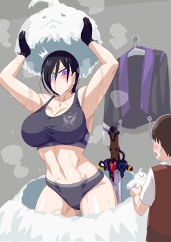 1boy 1girl athletic toned_female blue_eyes female_abs highres kanisuka_rita mascot mascot_costume multicolored_eyes ohsama_sentai_king-ohger otokamu sports_bra steam steaming_body super_sentai sweat sweatdrop undressing