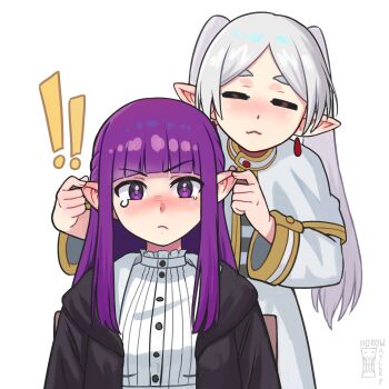 ! !! 2girls absurdres artist_name blunt_bangs blush closed_eyes closed_mouth commentary earrings english_commentary fern_(sousou_no_frieren) frieren gold_trim grabbing_another&#039;s_ear grey_hair hand_on_another&#039;s_ear highres jewelry long_hair long_sleeves looking_at_viewer multiple_girls parted_bangs pointy_ears purple_hair sidelocks simple_background smile sousou_no_frieren thick_eyebrows twintails upper_body v-shaped_eyebrows watcher_hollow white_background